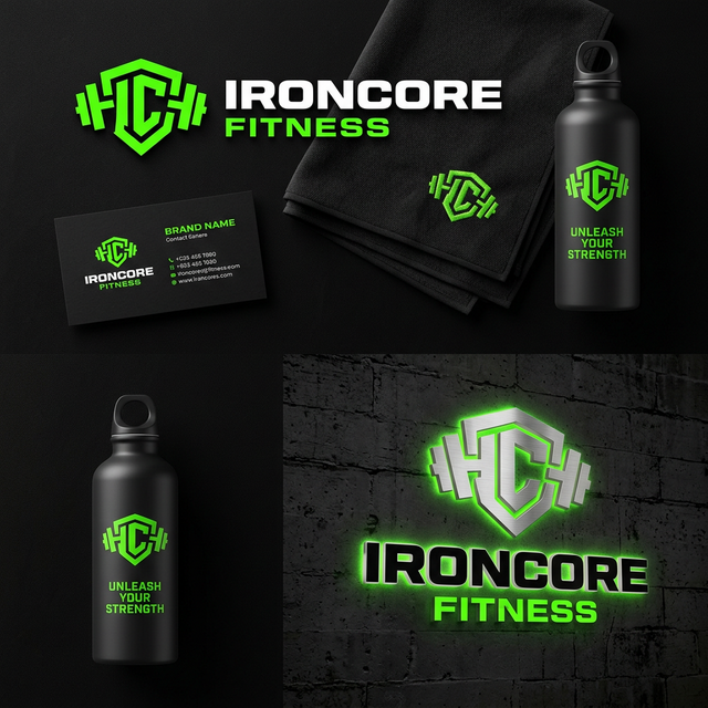 Branding e identidad visual premium para IronCore Fitness - Diseño de logotipo, tarjetas de visita y merchandising para gimnasio